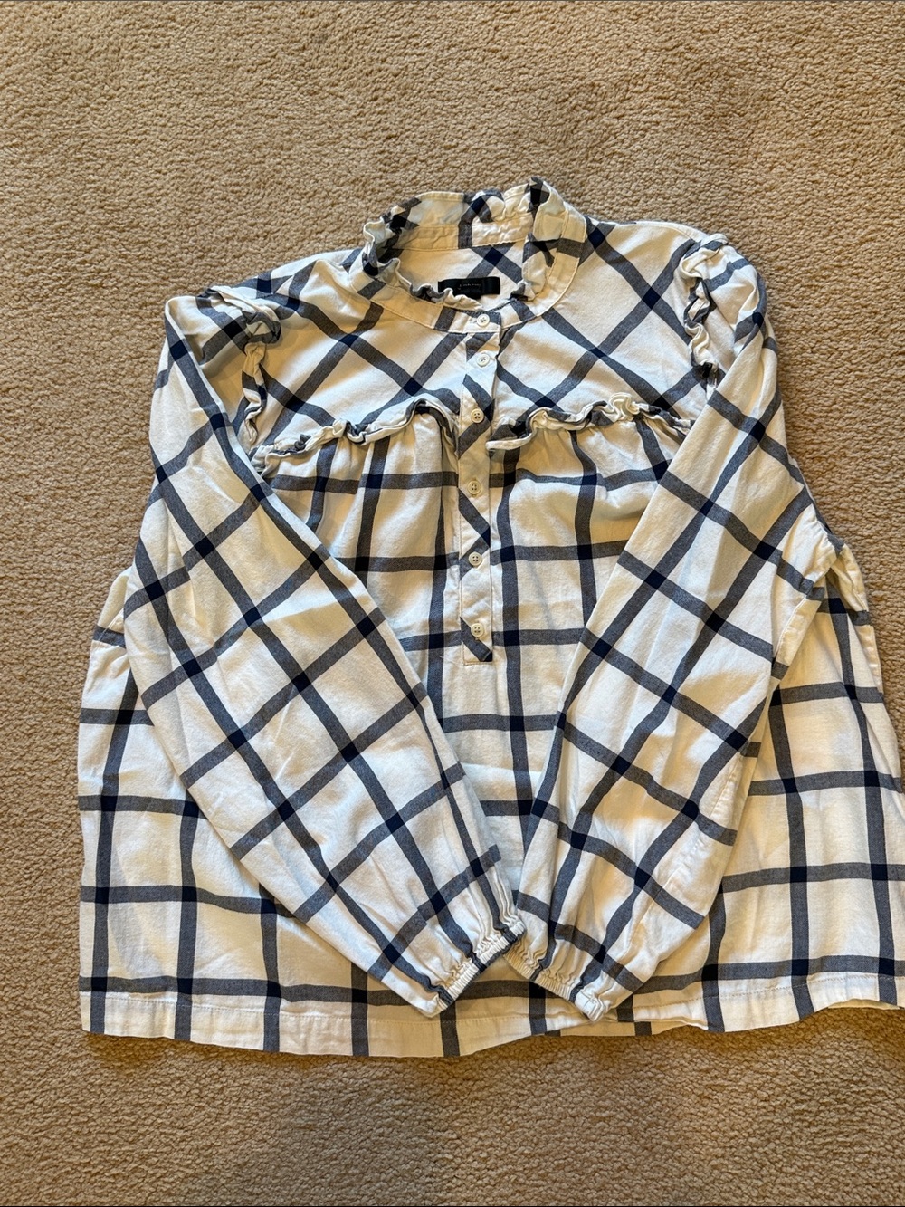 J. Crew Cream & Navy Plaid Ruffle Button-Down Top